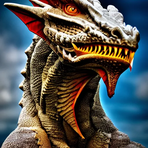 Prompt: portrait of a dragon ,fantasy , EOS R5, f/2.8, HDR, photo realism , natural light, medium close shot, dynamic pose, award winning photograph, Michelangelo style