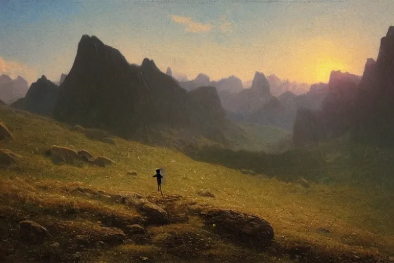 Prompt: a traveler wandering trough the mountains looking at the clouds, very detailed, focused, oil painting, cinematic lighting, albert bierstadt, trending on artstation, colorful, canvas, sunset, hans dahl, theodor kittelsen, hermann hendrich, national geographic, Konstantin Yakovlevich Kryzhitsky, beautiful nature, breathtakingn nordic