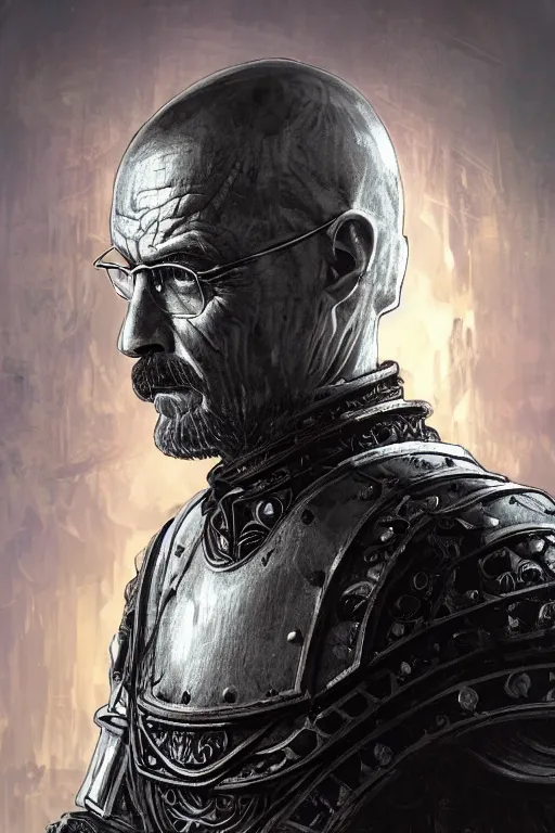 Prompt: Walter white, European beautiful luxury and evil and victorian and gothic medieval white armor knight portrait, front face, ultradetail face, ruined gothic cathedral, dynamic lighting, neon light, art and illustration by tian zi and craig mullins and WLOP and alphonse mucha, ssci-fi, fantasy, intricate complexity, human structure, hypermaximalist, fantasy character concept, dynamic lighting, shafts of golden light, f/1.2, hyperrealism 8k