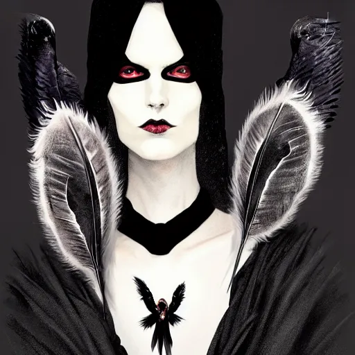 Image similar to portrait soft light, goth woman as mysterious supervillain in black hooded cloak and modestly clothed victorian goth, black feathers instead of hair, black wings instead of arms, gray mottled skin, black feathers growing out of skin, transforming, by frank mccarthy and conrad roset, inspired by flash gordon, paintbrush, rough paper, fine,