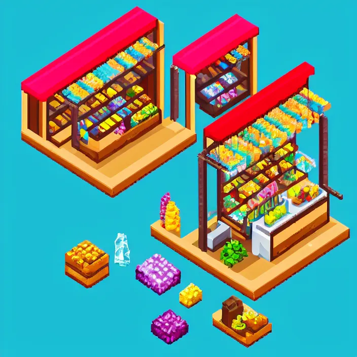 Image similar to isometric pixel art of a small market stall selling magical crystals