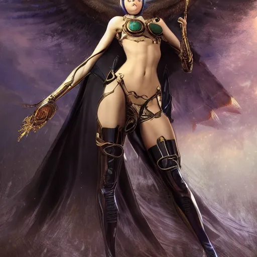 Image similar to bayonetta, posing heroically, heavenly, full body close-up shot, elegant, realistic character concept, high fantasy, light atmosphere, golden ratio, cinematic lighting, hyperdetailed, high resolution, insanely detailed and intricate, artstation, Marc Simonetti, Greg Rutkowski, octane render, 8k