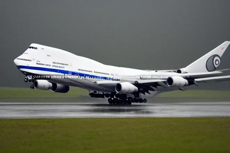 Image similar to detailed photo of a boeing 7 4 7 landing at a 4 5 degree angle, on a runway in heavy rain and wind, photo from a spectator, 8 k, natural lighting