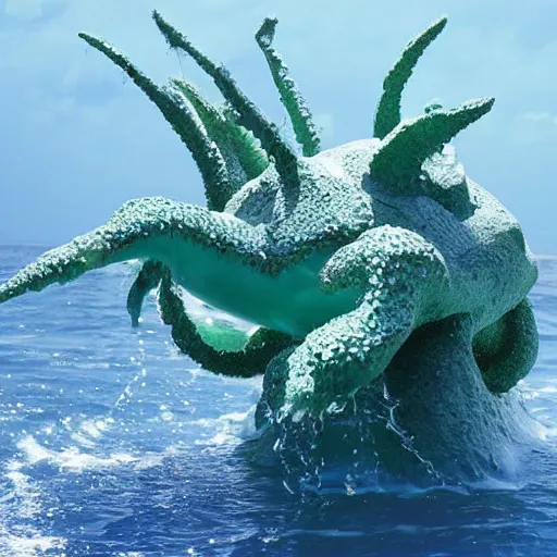 Prompt: a watercracklin water - creature made completely of shaped water attacking in the ocean