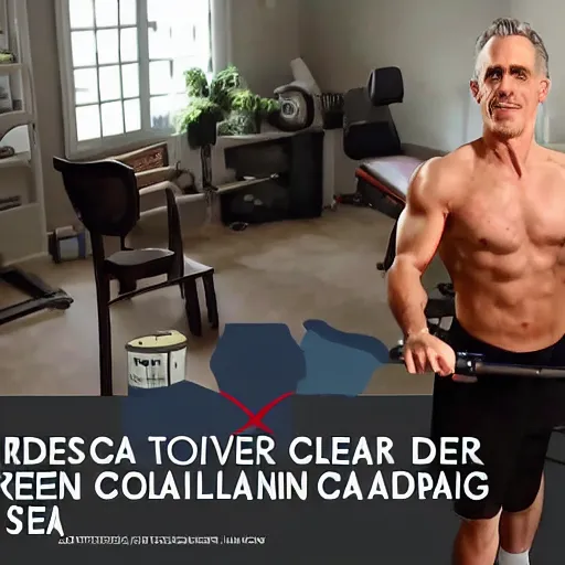 Image similar to Jordan Peterson cleans his room with a vacuum, motivational workout poster, high detail, realistic, mid shot, open