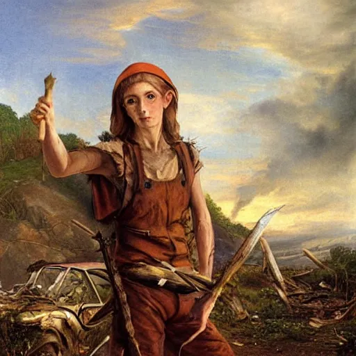 Image similar to a skinny elf with spiky blonde hair wearing dark brown overalls and holding dynamite standing next to a destroyed car, painting by Sophie Anderson