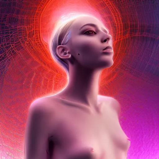 Image similar to Art by Andrew Chiampo and Frederik Heyman, a highly detailed digital art rendering and concept design of a breathtaking young ethereal woman elegantly positioned and entwined in fluid chromatic neon trails, Fantasy, hyperrealism, 4k, volumetric lighting, three dimensions, a digitally altered world, user interface design, 3D modeling, illustration, and transportation design