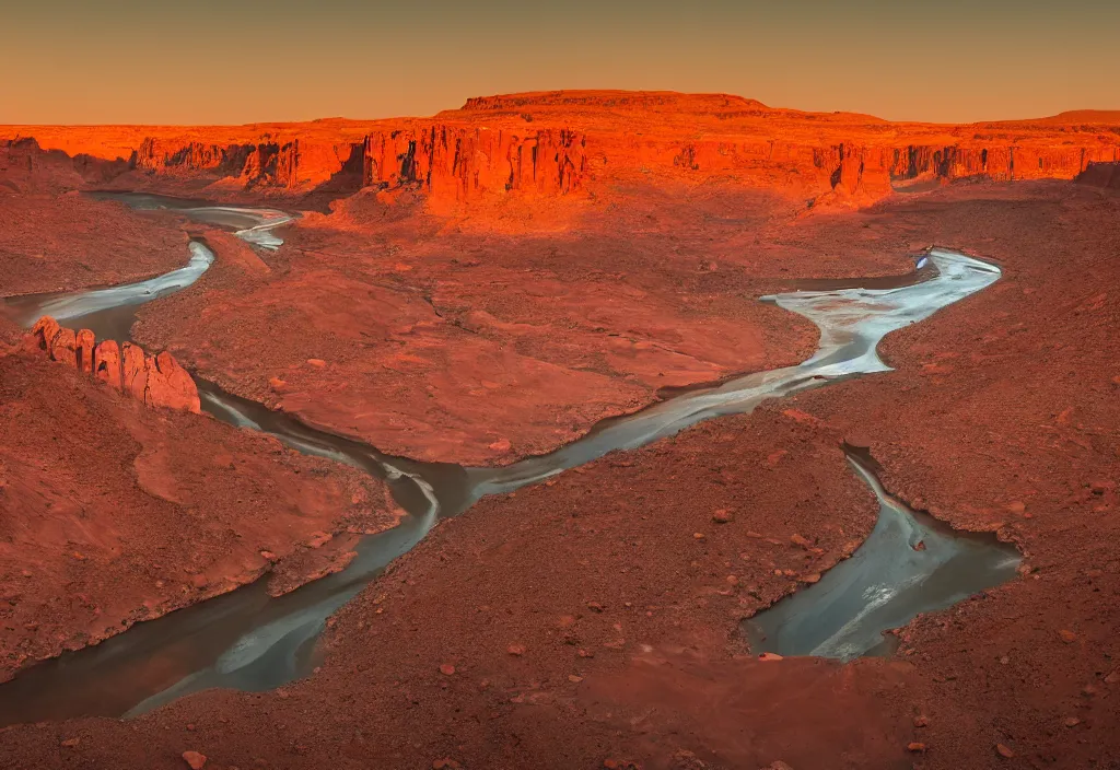 Prompt: a river bend running through a canyon surrounded by desert mountains at sunset on mars, planet mars, moab, utah, ground - level, a tilt shift photo by frederic church, trending on unsplash, hudson river school, photo taken with provia, national geographic photo