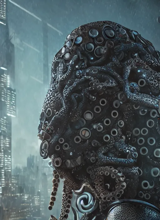 Image similar to hyperrealism, detailed textures, photorealistic 3 d cyberpunk octopus queen in apocalyptic city, futuristic clothing and helmet, ultra realistic, cinematic, intricate, low light, unreal engine 8 k