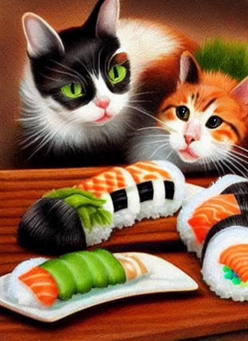 Image similar to clear photorealistic picture of adorable cats made out of sushi