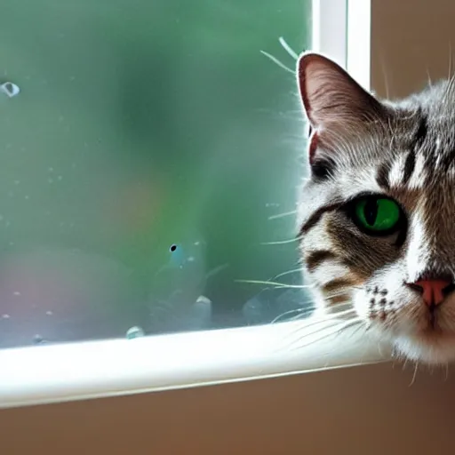 Image similar to A beautiful photograph of a cat looking out the window on a rainy day.