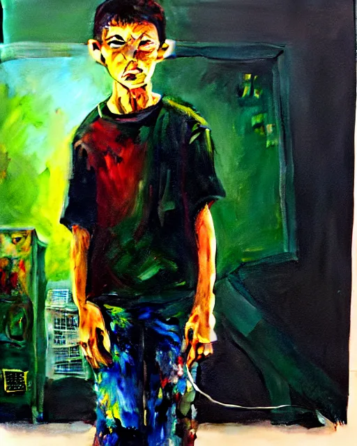 Image similar to an 8 years old enlightened and scared boy standing in front of an old computer with a game doom2 at the monitor screen painted by Adrian Ghenie, by Gerhard Richter. still from a 2021 movie by James Cameron. expressive acrylic oil flowing smudged painting