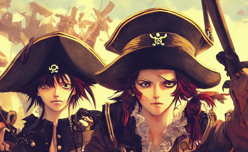 Prompt: a pirate captain commands her crew, digital painting, 4k anime wallpaper, beautiful, gorgeous, intricate and detailed brush strokes, detailed faces, by Tite Kubo and Kentaro Miura, by Ilya Kuvshinov, by Reiq