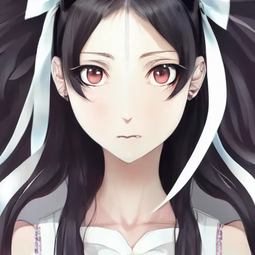 Image similar to luxury advertisement, astonishing portrait of a very beautiful anime high-school girl with black hair ponytail, white ribbon, full perfect face, realistic, highly detailed background, artstation, 120 degree view, drawn by Sasoura, Satchely and Akihiko Yoshida, no distortion