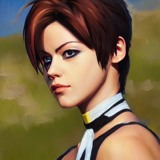 Prompt: oil painting of tracer overwatch in a field wearing tall steel choker around neck, in style of mark arian, expressive face, detailed face, detailed eyes, full body, feminine face, tracer overwatch,