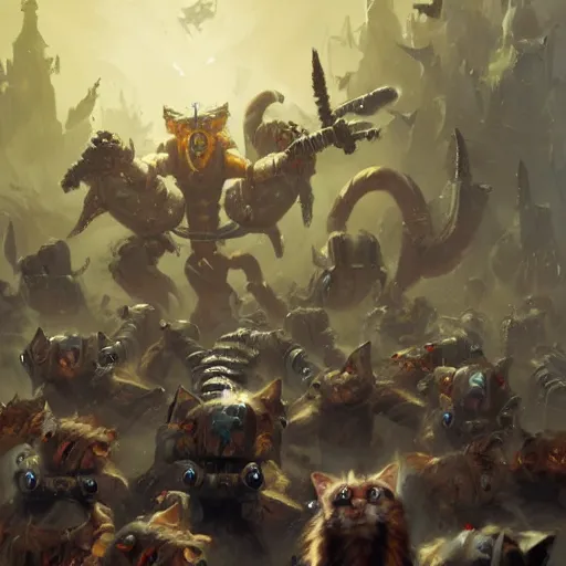 Image similar to cat trainer man commanding army of cats, warhammer 4 0 k by greg rutkowski