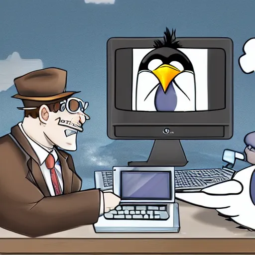 Prompt: windows computer attacking the linux penguin while gumshoe from ace attorney watches from afar crying