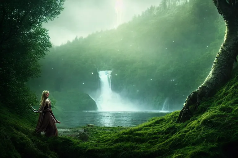 Image similar to an ultra realistic, cinematic, fantasy, headshot portrait, of an elden ring elf, fairy lights, facial features, background of a vast serene landscape, with trees and waterfalls, detailed, deep focus, movie still, dramatic lighting, ray tracing, by michal karcz and yoshitaka amano