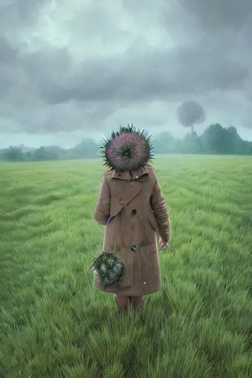 Prompt: portrait, enormous thistle flower head, a girl wearing a coat in field, surreal photography, wind, cloudy sky, dramatic light, impressionist painting, digital painting, artstation, simon stalenhag