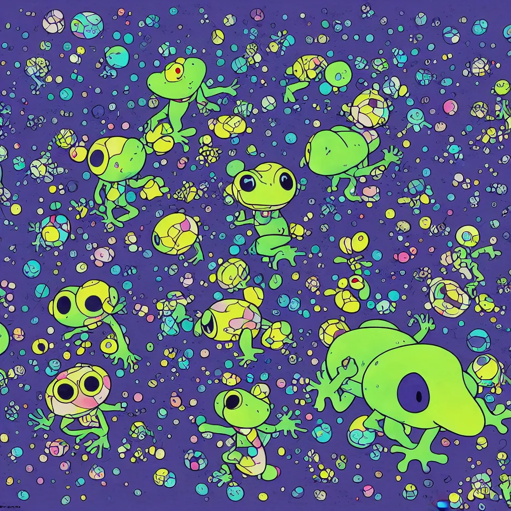 Image similar to indigo toads, frogs, ryuta ueda artwork, breakcore, jet set radio artwork, y 2 k, gloom, space, cel - shaded art style, indigo rainbow, data, minimal, takashi murakami artwork, code, cybernetic, dark, eerie, cyber