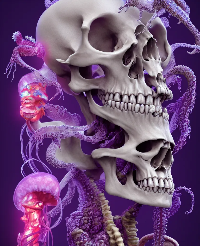 Image similar to goddess close - up portrait human skeleton, ram skull, squid phoenix jellyfish, orchid, betta fish, bioluminiscent, intricate artwork by tooth wu and wlop and beeple. octane render, trending on artstation, greg rutkowski very coherent symmetrical artwork. cinematic, hyper realism, high detail, octane render, 8 k