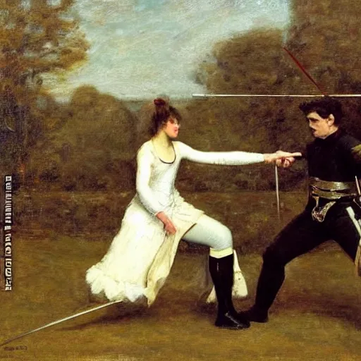 Prompt: actress in a fencing duel tournament by alfred stevens