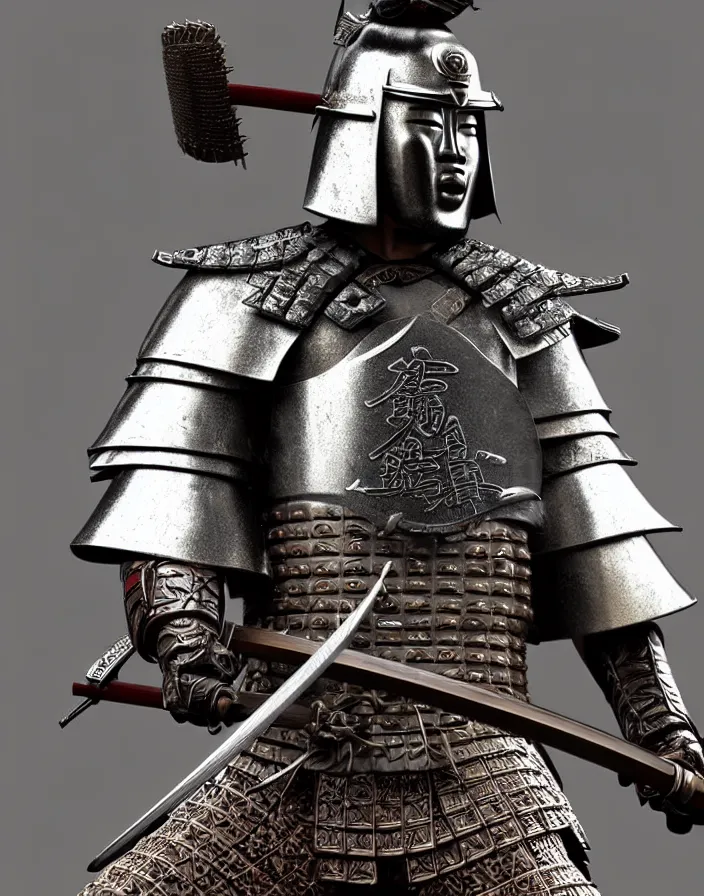 Image similar to detailed photorealistic ancient japanese samurai warrior soldier ⚔ 🪖 ⛩ with traditional japanese engravings and ornamentation on armour and weapons, and shining metallic 3 d surfaces, japanese calligraphy, wide angle, 3 d
