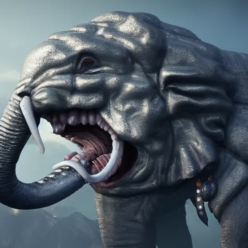 Image similar to evil silver bubble screaming elephant kaiju, cinematic, epic scale, hyper detailed, photorealistic, rule of thirds, 8 k.