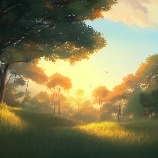 Image similar to golden hour, trees, nature, concept art, Makoto Shinkai, fabulous, 4K