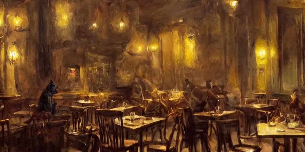 Image similar to brown cat with yellow eyes is sitting at table in a cafe at paris in early 2 0 th century. atmospheric feeling, warm colours, brown colours, yellow colours, epic scene, cinematic, very detailed, concept art