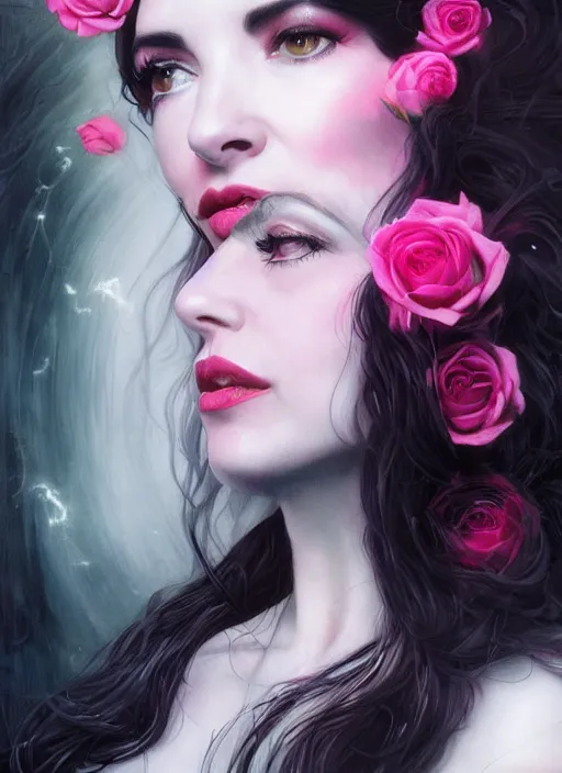 Prompt: portrait of kate bush against a neon pink background, lush black hair, pale skin, white roses, flowing material, intricate, beautiful cinematic lighting, stunning painting by artgerm, caravaggio, android jones, wadim kashin