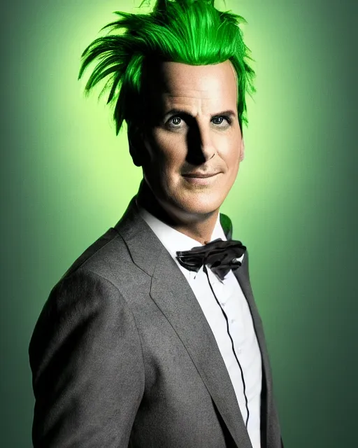 Image similar to Will Arnett as Beetlejuice, green hair, cinematic lighting, 4k portrait photograph