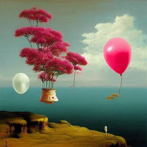 Image similar to scifi, liminal spaces, party balloons, checkered pattern, David Friedrich, award winning masterpiece with incredible details, Zhang Kechun, a surreal vaporwave vaporwave vaporwave vaporwave vaporwave painting by Thomas Cole of an old pink mannequin head with flowers growing out, sinking underwater, highly detailed