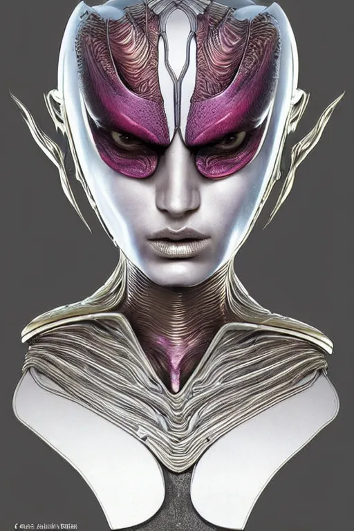 Prompt: a sensual erotic futuristic alien queen bust, with confident inviting eyes, extremely detailed frontal declotage and thick flowing hair, perfectly symmetrical facial structure and muscle anatomy, mixed media illustration, aquiline facial features and ageless beauty, by chris achilleos and moebius and travis charest, fantasy, ornate complexity, female face and bust, accurate human anatomy mixed with hyper-evolved alien and cyborg characteristics, sci-fi character concept, photorealism, splatter, bill sienkiewicz, epic clouds, stunning lighting, hyperrealism, 8k