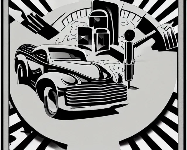 Image similar to A monster truck runs over a man, Art Deco style, geometry