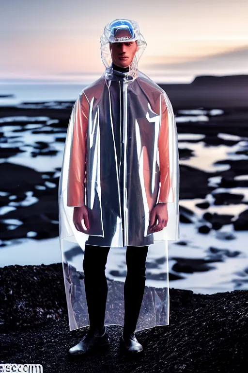 Image similar to an ultra high definition professional high fashion portrait studio full length photograph of a male model wearing a transparent pearlescent raincoat and neon visor in an icelandic black rock environment at dawn. no artefacts. extremely detailed. stark. refraction. shallow depth of field. volumetric light and shadow. ray tracing. light rays.