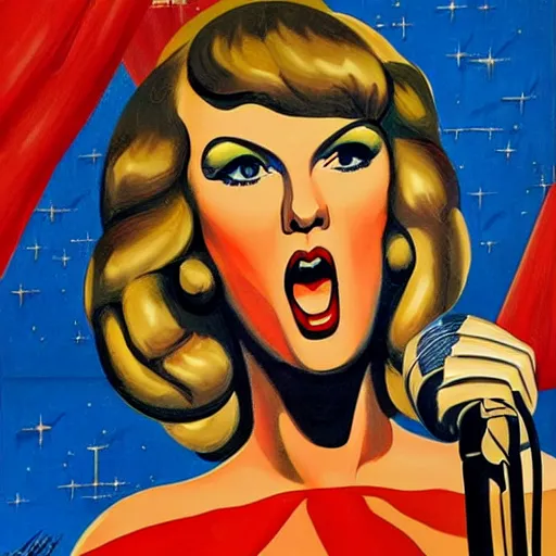 Image similar to a detailed and complex, highly detailed, concept art, soviet propaganda poster depicting a portrait of taylor swift singing on stage. painting by irakli toidze