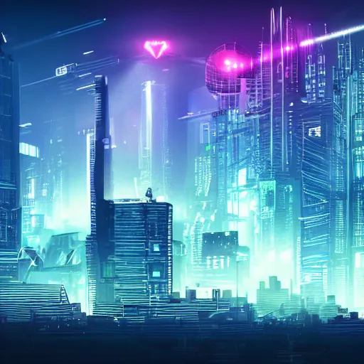 Prompt: wide angle view of a cyberpunk dystopian city, beams of light, buildings surround the evil empire, neon, flying cars, foggy atomosphere, volumetrics, glowing light, night time
