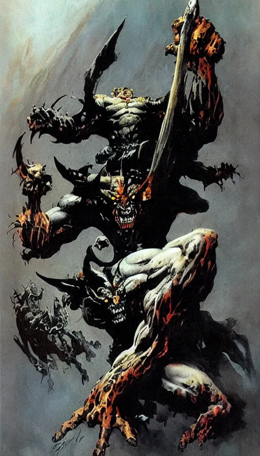 Image similar to demon by Frank Frazetta,fantasy artwork,bold,striking,