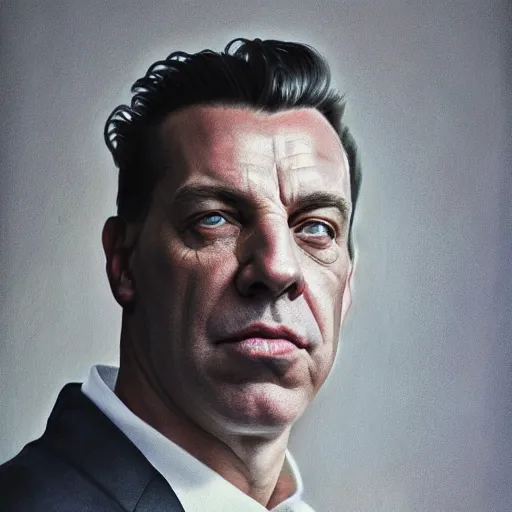 Image similar to cinematic portrait of till lindemann, intricate, elegant, by alyssa monks, highly detailed, symmetrical face, fine details, masterpiece, trending on artstation