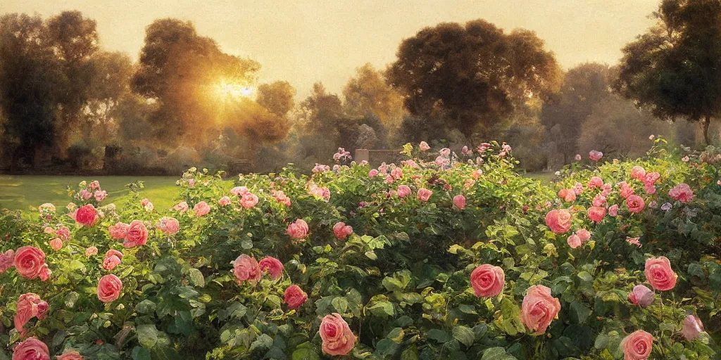 Prompt: rose garden in the morning sun, award winning by henrietta rae