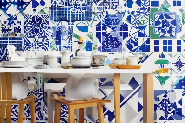 Image similar to IKEA catalogue, vaporwave kitchen with geometric tiles, gaudi