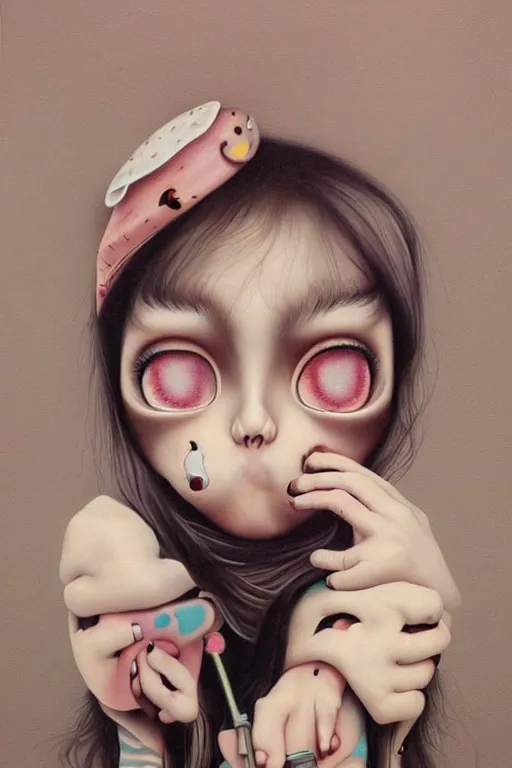 Prompt: pop surrealism, lowbrow art, realistic cute girl painting, japanese street fashion, hyper realism, muted colors, trevor brown style