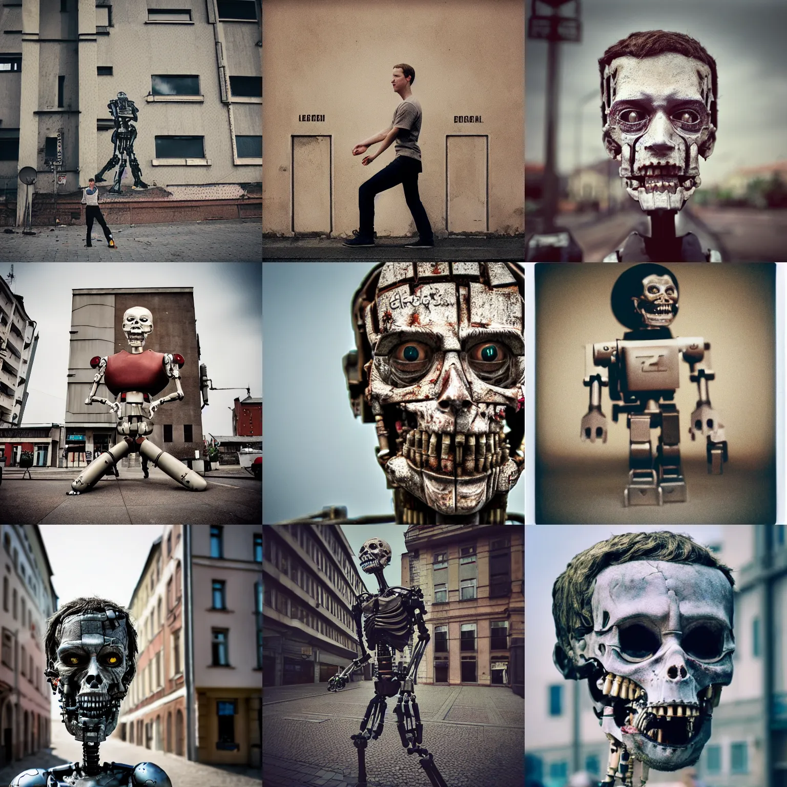 Prompt: legnica. close up. mark zuckerberg zombie terminator metal endoskeleton, in legnica, full body, cinematic focus, polaroid photo, vintage, neutral dull colors, soft lights, by oleg oprisco, by thomas peschak, by discovery channel, by victor enrich, by gregory crewdson