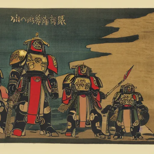 Prompt: late meiji period, colored woodblock print, imperium space marine