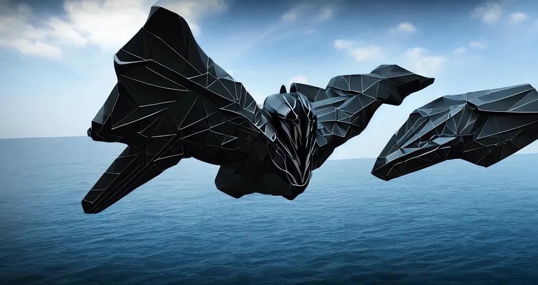 Prompt: flying enigmatic creature wearing military grade low-poly carbon plate, water-cooled armor, glistening, sleek finish, elaborate detail, dual-core hydraulic units, bullet-proof, floating island backdrop, 4k, high quality photo, 33mm