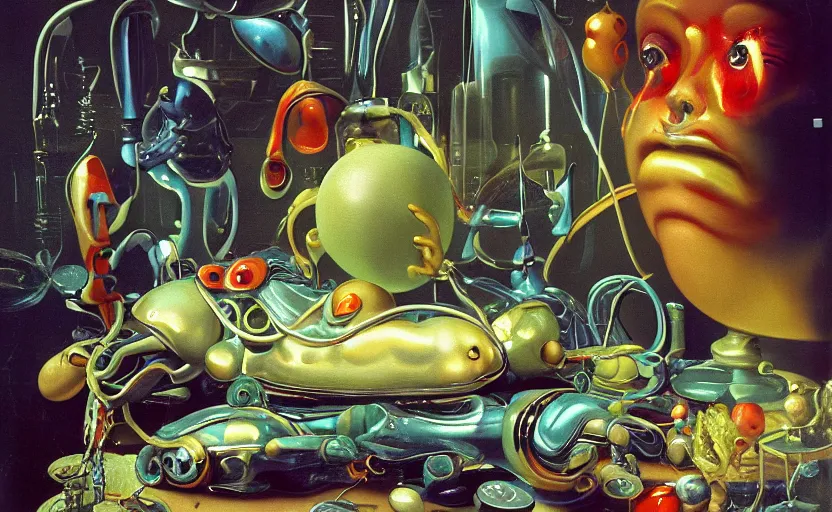 Image similar to strange seductive futuristic robot body, enticing colorful oil painting dutch golden age vanitas still life sparse composition with bulbous objects strange gooey transparent surfaces shiny metal reflections bizarre mutant meat insects rachel ruysch dali todd schorr very detailed perfect composition rule of thirds masterpiece canon 5 0 mm, cinematic lighting, photography, retro, film, kodachrome