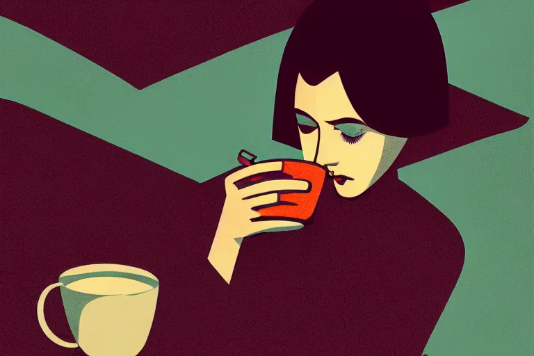 Image similar to editorial illustration by Karolis Strautniekas and Mads Berg,manga, portrait of a sad young woman drinking tea, colorful, fine texture,detailed, muted colors,film noir, dramatic lighting, dynamic composition,moody, vivid, matte print, wide angle,((sunbeams)), modern art deco