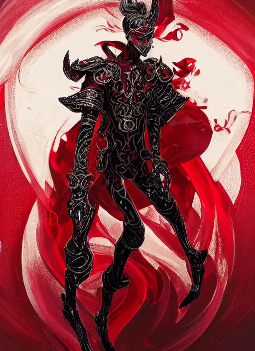 Image similar to a highly detailed illustration of short wavy haired man wearing masquerade and red and black suit, dramatic standing pose, intricate, elegant, highly detailed, centered, digital painting, artstation, concept art, smooth, sharp focus, league of legends concept art, wlop