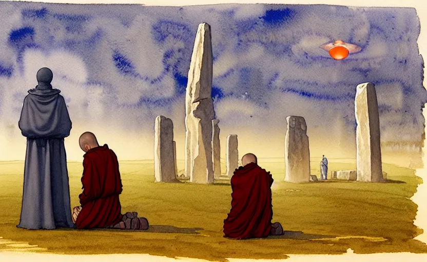Prompt: a hyperrealist watercolour character concept art portrait of one small grey medieval monk and another giant orange medieval monk kneeling down in prayer in front of a complete stonehenge monument on a misty night. a ufo is in the sky. by rebecca guay, michael kaluta, charles vess and jean moebius giraud